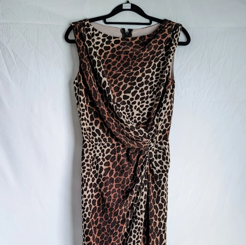90s Vintage Tadashi Leopard Metallic Ruched Evening Dress Made In USA S